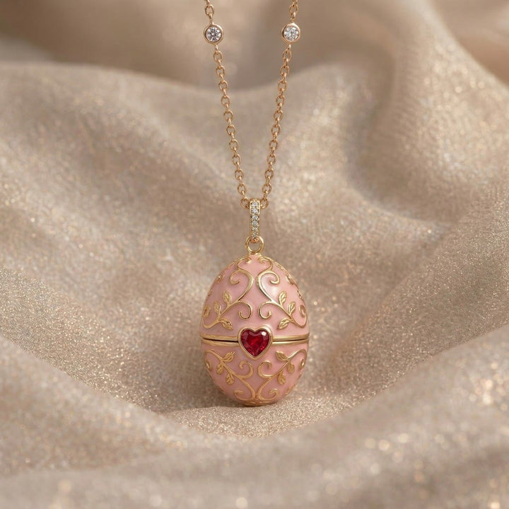 FREE Today: Enameled Easter Egg Pendant Locket Necklace - Pink Egg & Red Zircon - image 1