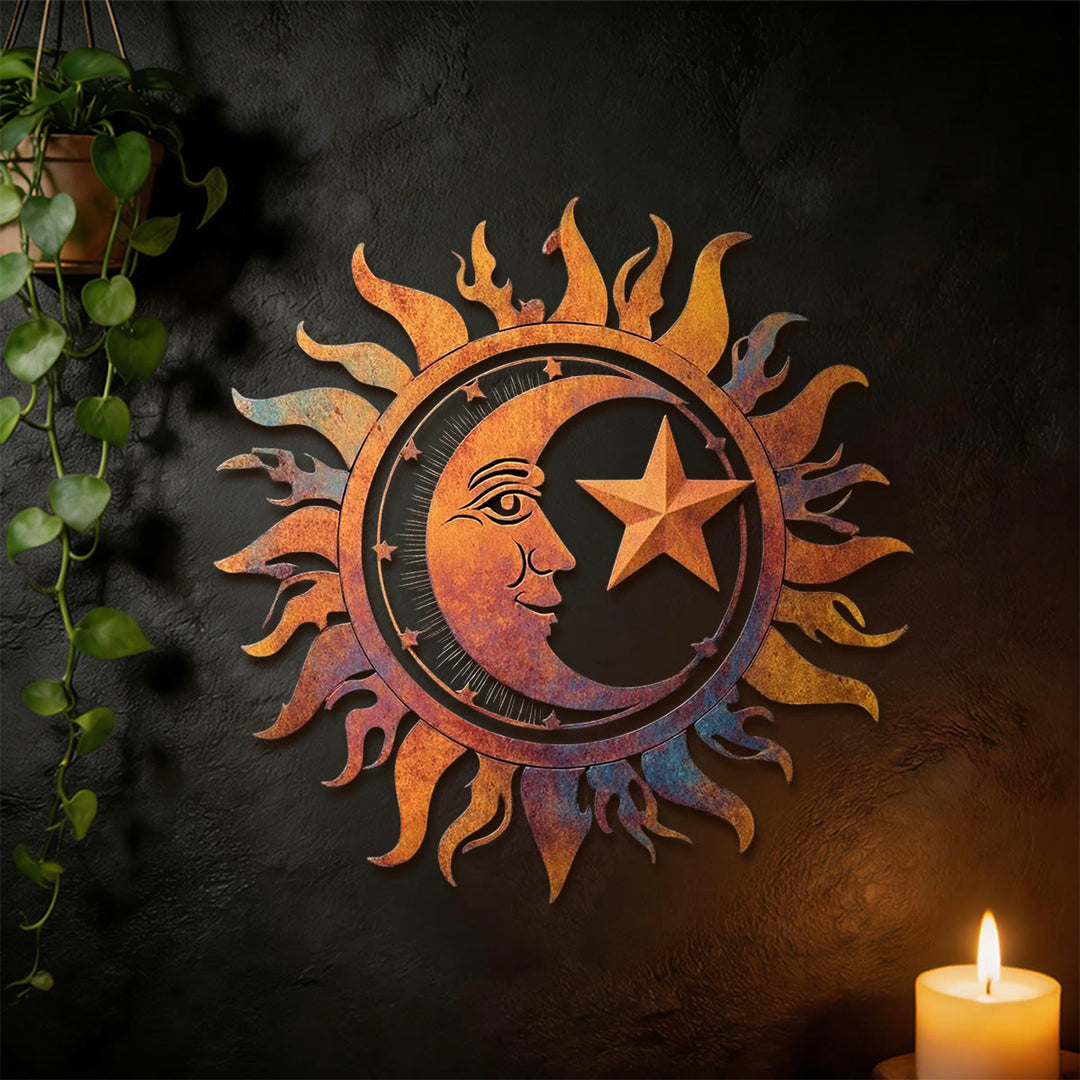 Olivenorma Rustic Sun Moon Star Face Hollow 2D Metal Wall Decor - image 5