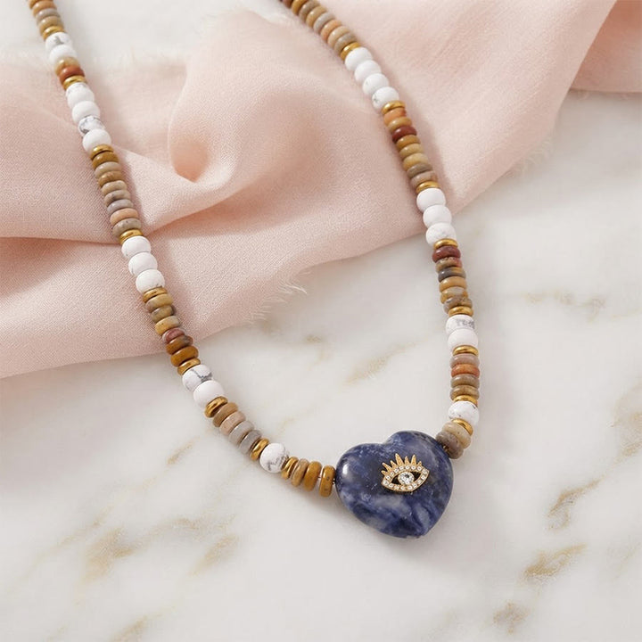 Olivenorma Sodalite,Green Aventurine,Turquoise,Rose Quartz Heart Evil Eye Pendant Stone of Protection Necklace - Purple - image 0