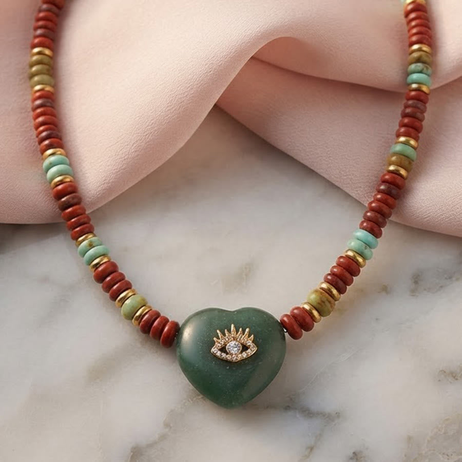 Olivenorma Sodalite,Green Aventurine,Turquoise,Rose Quartz Heart Evil Eye Pendant Stone of Protection Necklace - Dark Green - image 1