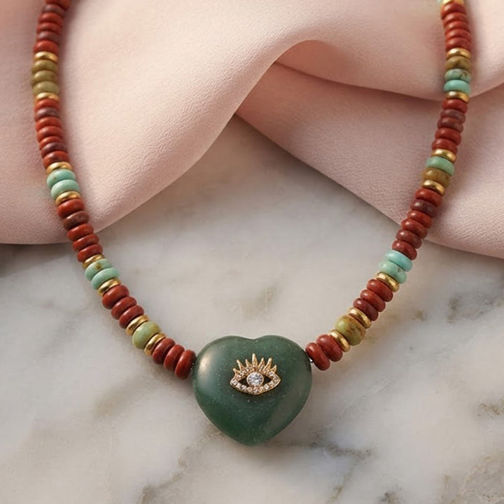 Olivenorma Sodalite,Green Aventurine,Turquoise,Rose Quartz Heart Evil Eye Pendant Stone of Protection Necklace - Dark Green - image 1