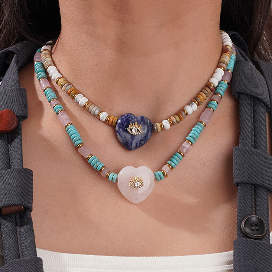 Olivenorma Sodalite,Green Aventurine,Turquoise,Rose Quartz Heart Evil Eye Pendant Stone of Protection Necklace - image 4