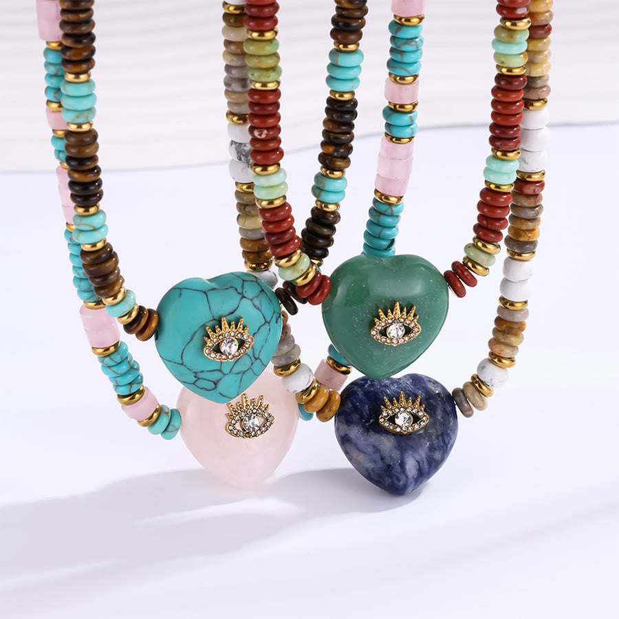 Olivenorma Sodalite,Green Aventurine,Turquoise,Rose Quartz Heart Evil Eye Pendant Stone of Protection Necklace - image 6