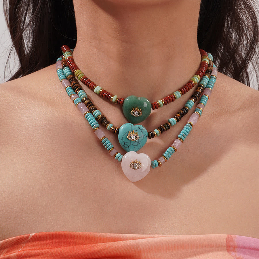 Olivenorma Sodalite,Green Aventurine,Turquoise,Rose Quartz Heart Evil Eye Pendant Stone of Protection Necklace - image 5