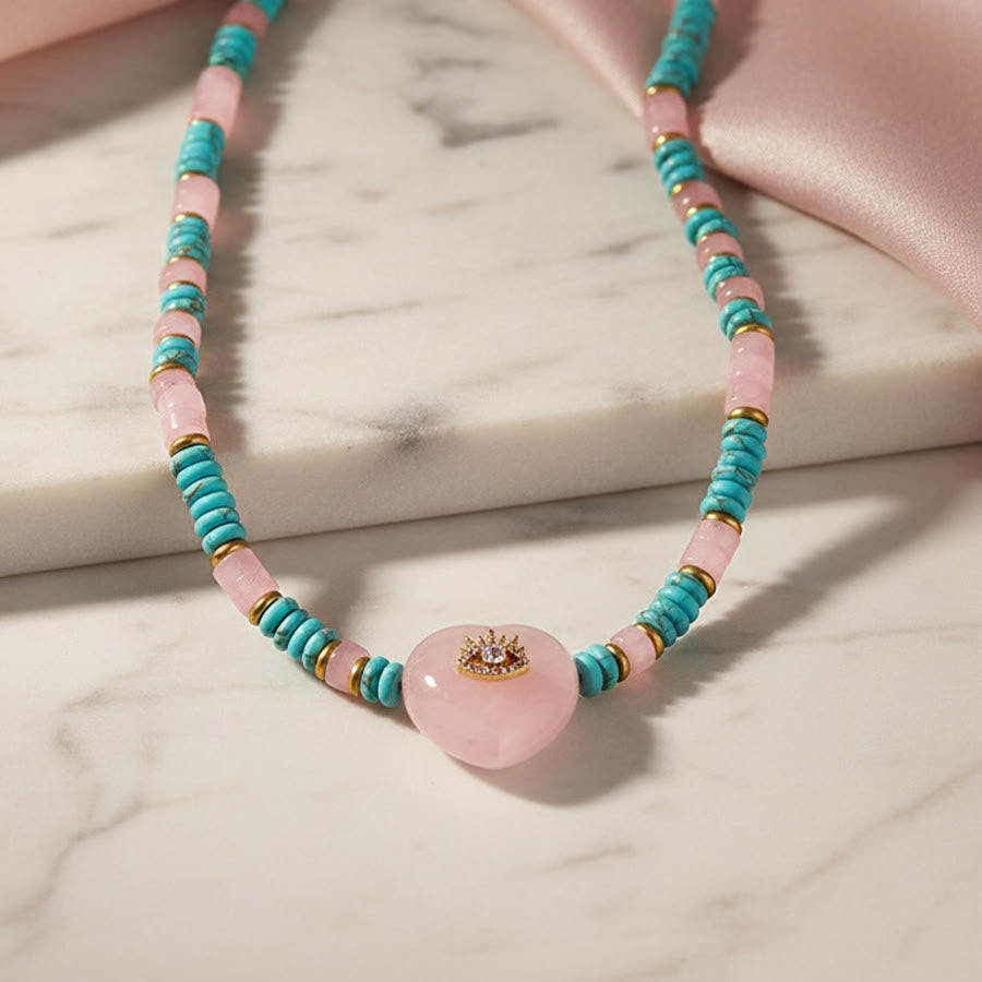 Olivenorma Sodalite,Green Aventurine,Turquoise,Rose Quartz Heart Evil Eye Pendant Stone of Protection Necklace - Pink - image 3