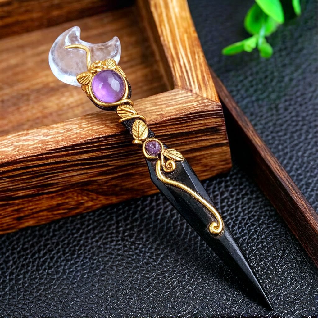 Olivenorma Star Moon Heart Natural Crystal Inlaid Vintage Crystal Wand - Clear Quartz&Moon - image 1