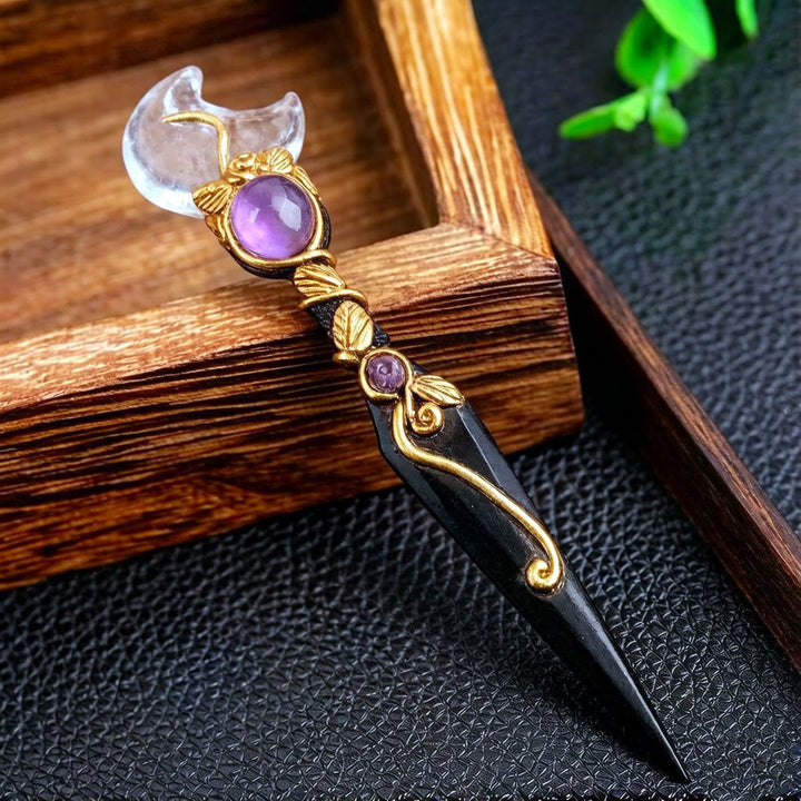Olivenorma Star Moon Heart Natural Crystal Inlaid Vintage Crystal Wand - Clear Quartz&Moon - image 1