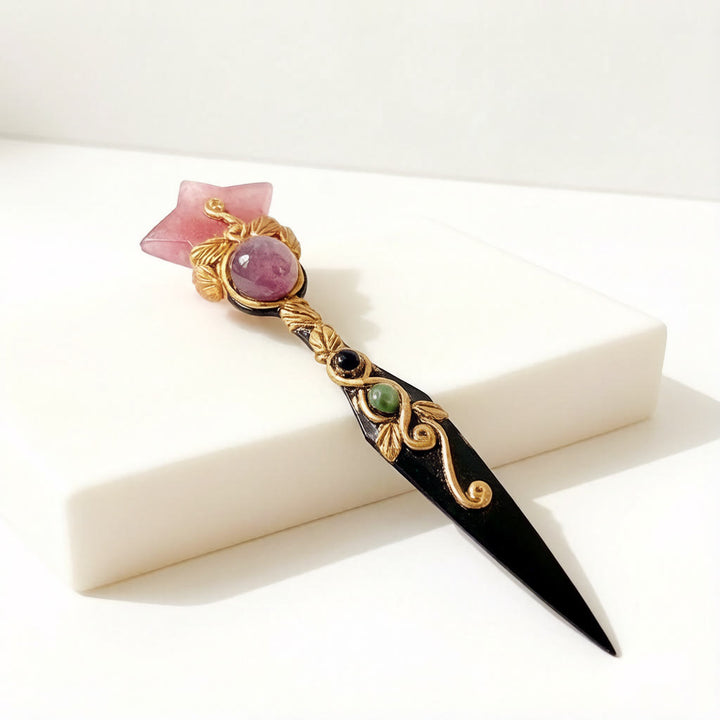 Olivenorma Star Moon Heart Natural Crystal Inlaid Vintage Crystal Wand - Strawberry Quartz - image 2