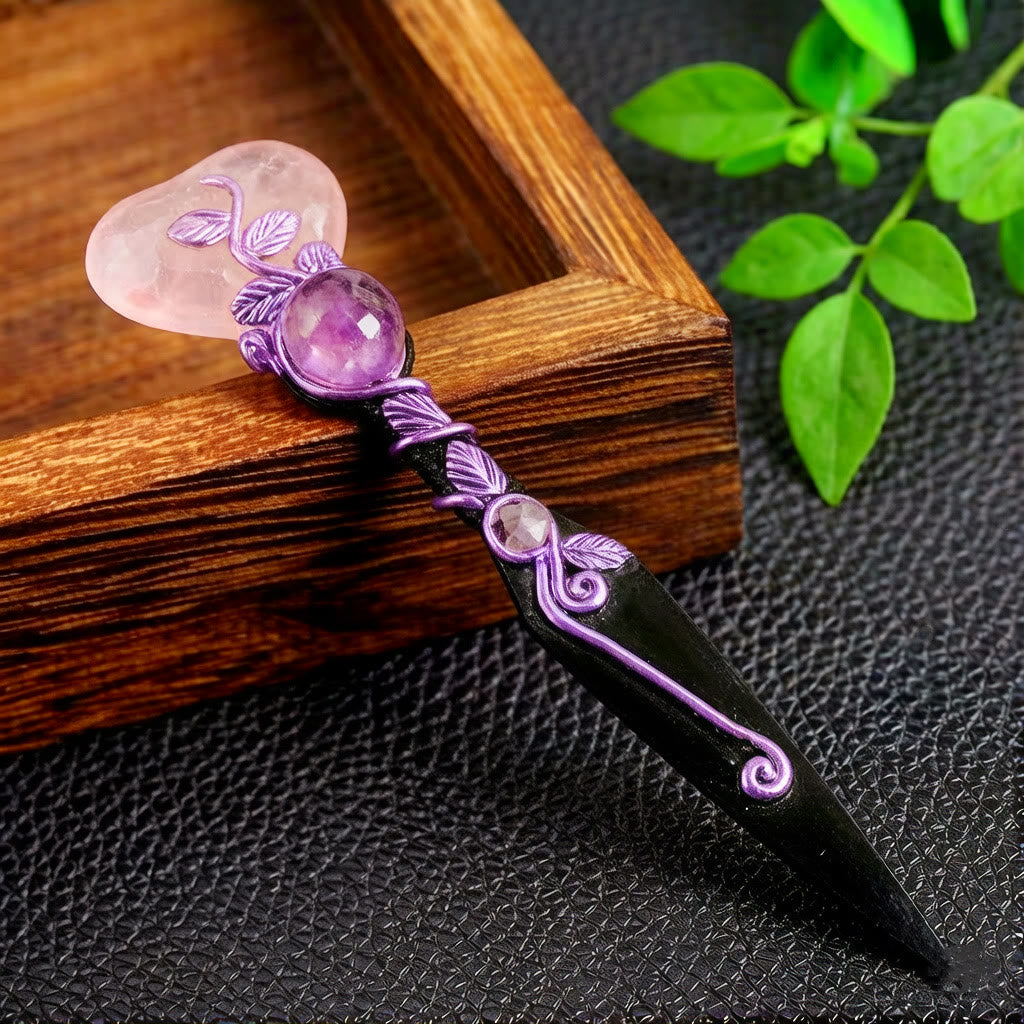 Olivenorma Star Moon Heart Natural Crystal Inlaid Vintage Crystal Wand - Rose Quartz - image 0