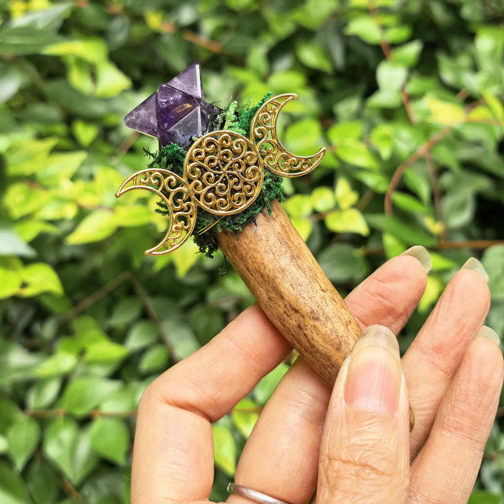Olivenorma Antler Triple Moon Decor Natural Crystal Wand - Amethyst - image 1