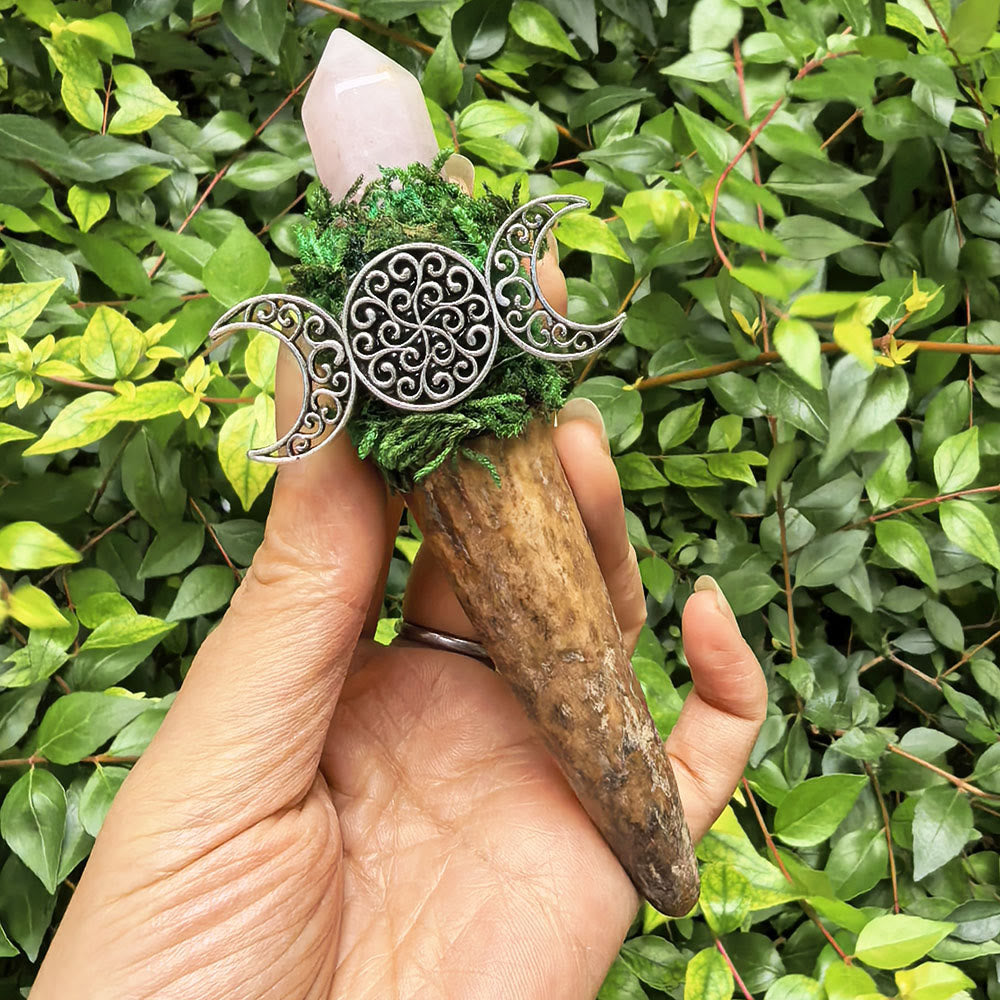 Olivenorma Antler Triple Moon Decor Natural Crystal Wand - Rose Quartz - image 2