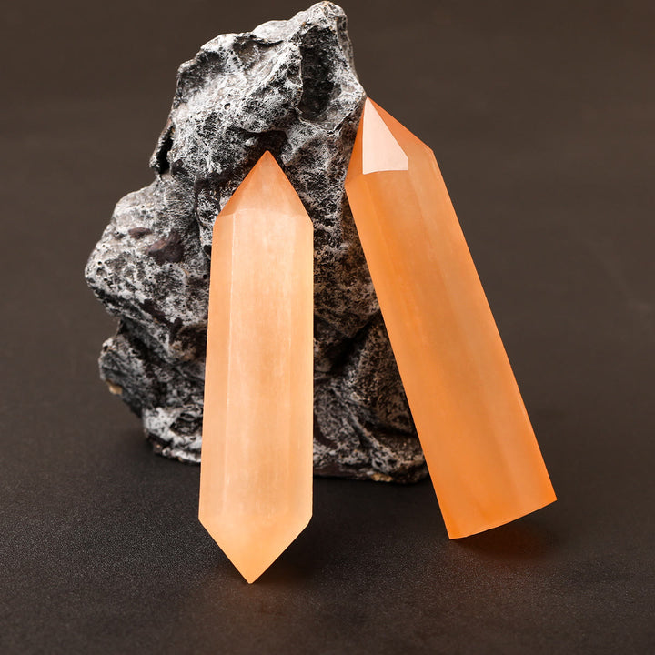 Olivenorma Single Point Hexagonal Orange Selenite Crystal Wand - image 3