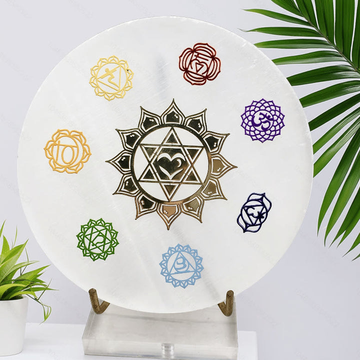 Olivenorma 7 Chakra Symbols Engraved Selenite Charging Plate - image 1