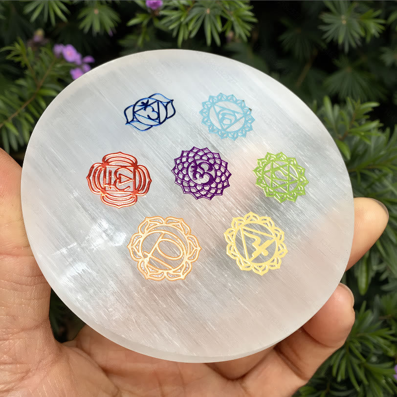 Olivenorma 7 Chakra Symbols Engraved Selenite Charging Plate - 7 Chakra Symbols - 8*8cm /3.15*3.15 inch - image 3