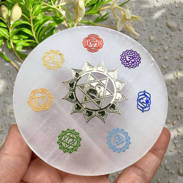 Olivenorma 7 Chakra Symbols Engraved Selenite Charging Plate - 7 Chakra Symbols Star Heart Lotus - 10*10cm /3.94*3.94 inch - image 0