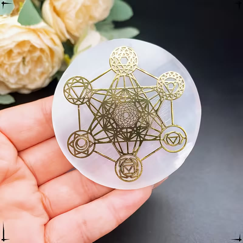 Olivenorma Metatron Cube 7 Chakra Engraved Selenite Charging Plate - image 1