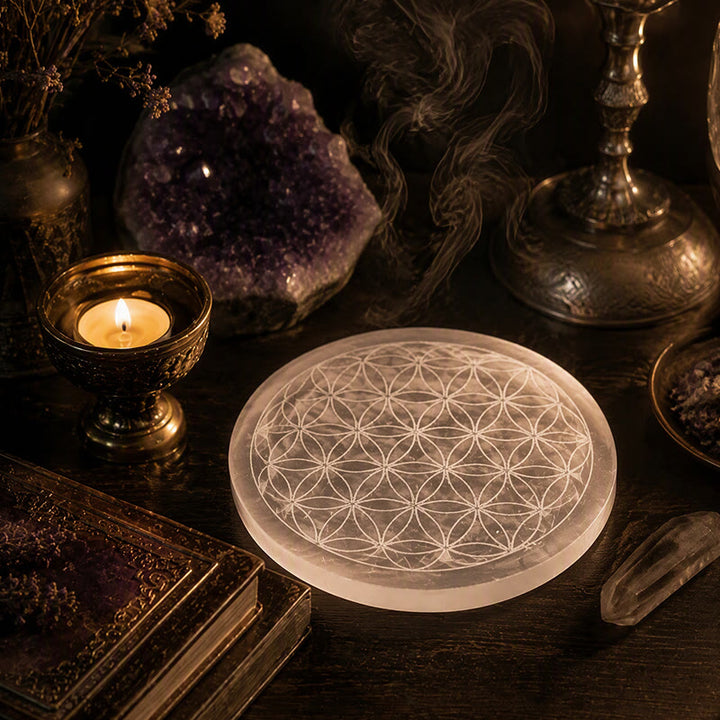 Olivenorma Flower of Life Engraved Selenite Charging Plate - image 6