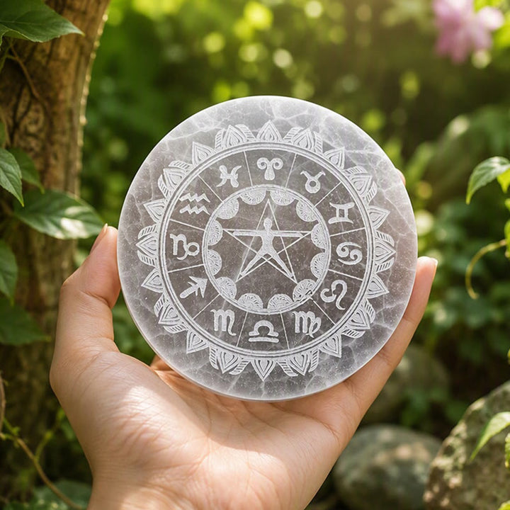 Olivenorma Zodiac Wheel Vitruvian Man Pentagram Engraved Selenite Charging Plate - image 2