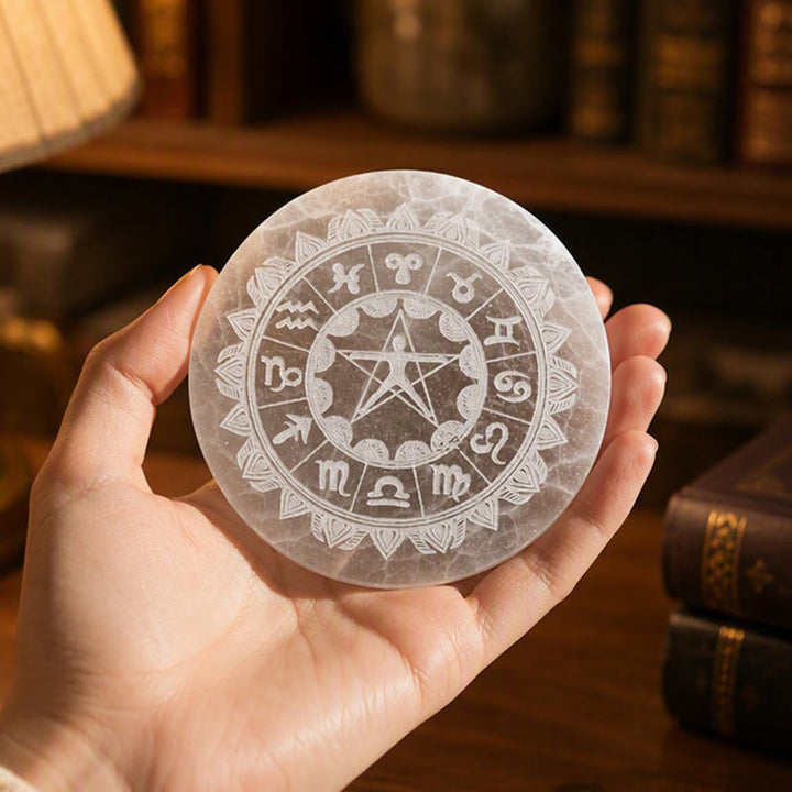 Olivenorma Zodiac Wheel Vitruvian Man Pentagram Engraved Selenite Charging Plate - image 1