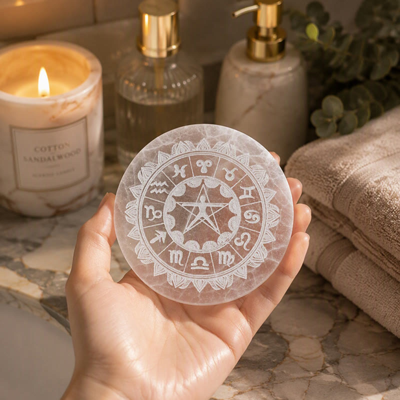 Olivenorma Zodiac Wheel Vitruvian Man Pentagram Engraved Selenite Charging Plate - image 3