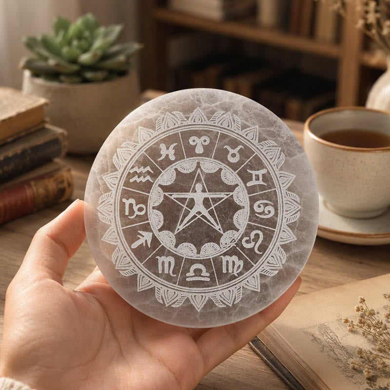 Olivenorma Zodiac Wheel Vitruvian Man Pentagram Engraved Selenite Charging Plate - image 4