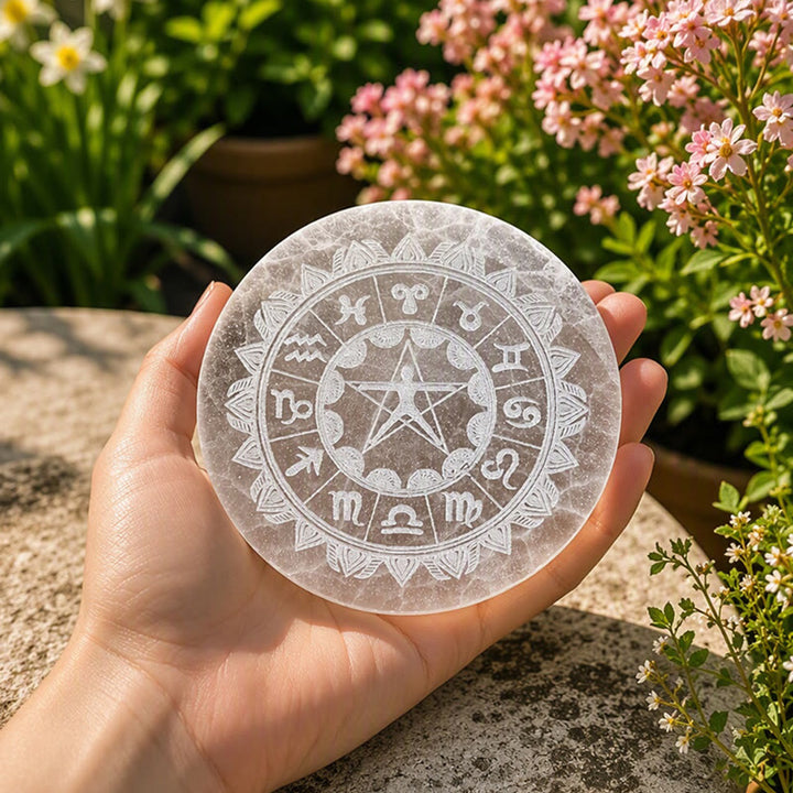 Olivenorma Zodiac Wheel Vitruvian Man Pentagram Engraved Selenite Charging Plate - Zodiac Wheel Vitruvian Man Pentagram - image 0
