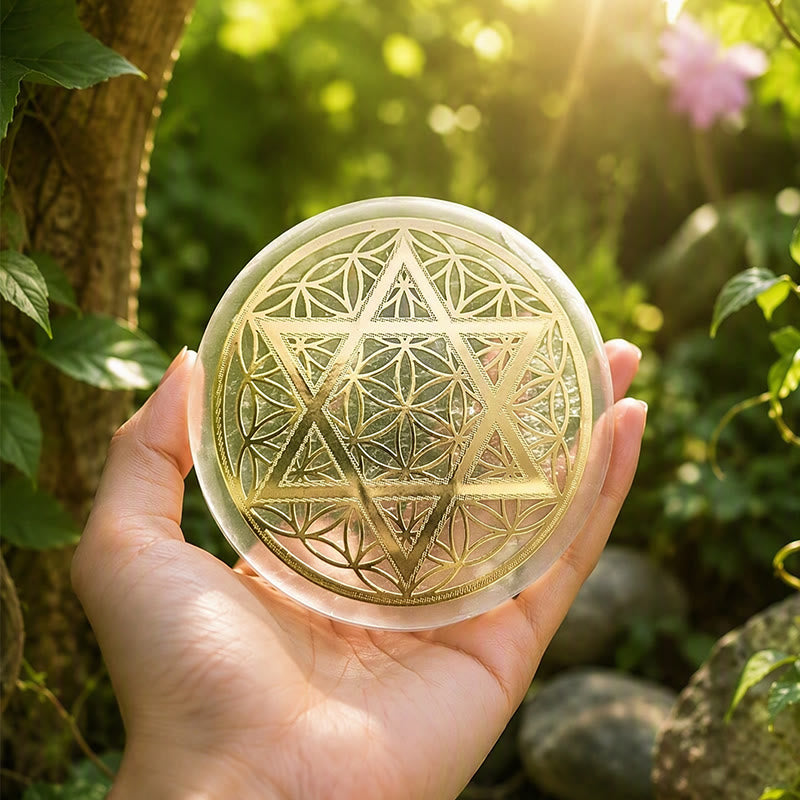 Olivenorma Flower of Life Star of David Engraved Selenite Charging Plate - image 1