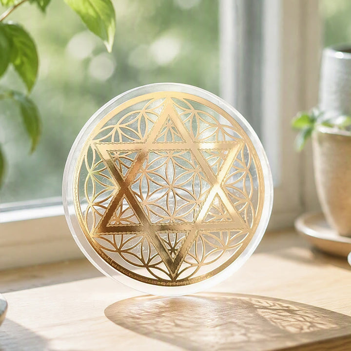 Olivenorma Flower of Life Star of David Engraved Selenite Charging Plate - Flower of Life Star of David - image 0