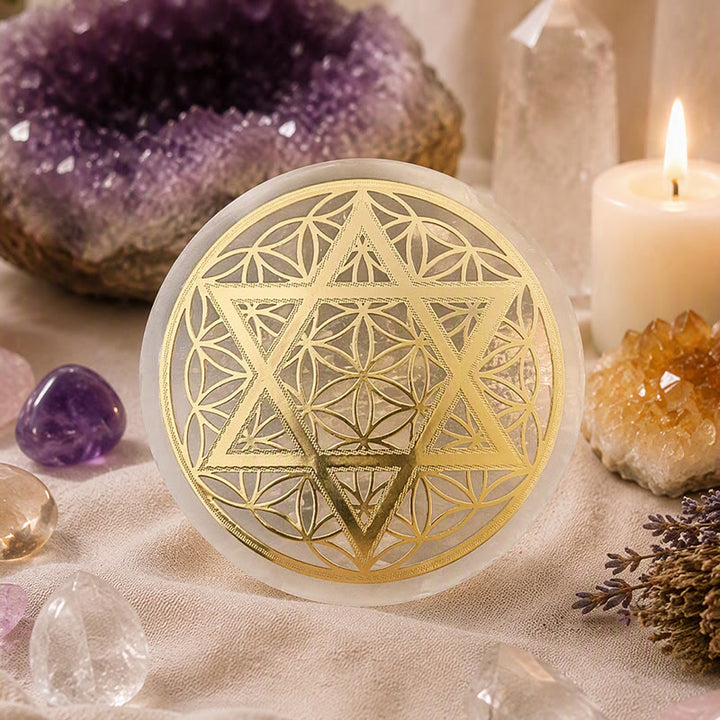 Olivenorma Flower of Life Star of David Engraved Selenite Charging Plate - image 2