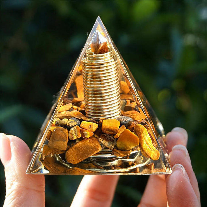 Olivenorma Central Crystal‑Tip Tiger's eye Orgone Pyramid - image 1
