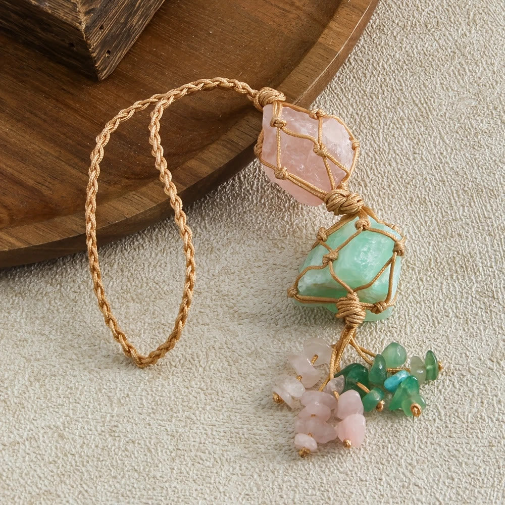 Olivenorma Hand Woven Net Pouch Pendant Raw Natural Crystal Healing Energy Car Accessory Bag Charm Ornament - Rose Quartz & Green Aventurine - image 0