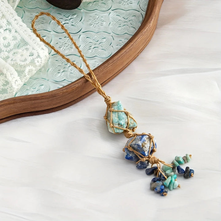 FREE Today: Hand Woven Net Pouch Pendant Raw Natural Crystal Healing Energy Car Accessory Bag Charm Ornament - Amazonite & Lapis Lazuli - image 3