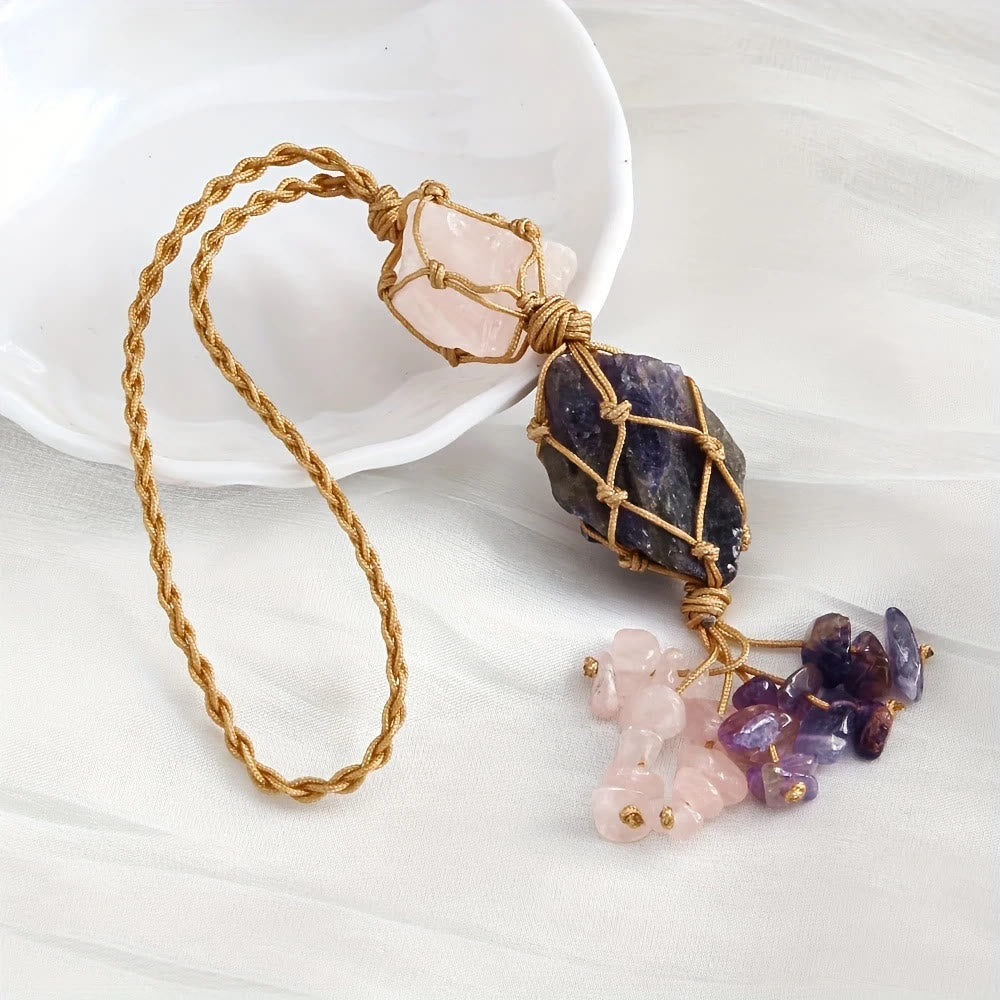 FREE Today: Hand Woven Net Pouch Pendant Raw Natural Crystal Healing Energy Car Accessory Bag Charm Ornament - Rose Quartz & Amethyst - image 6