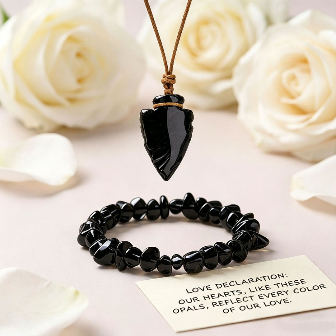 Olivenorma Crystal Chip Heart‑Pendant Design Love Symbol Bracelet - Obsidian - image 9