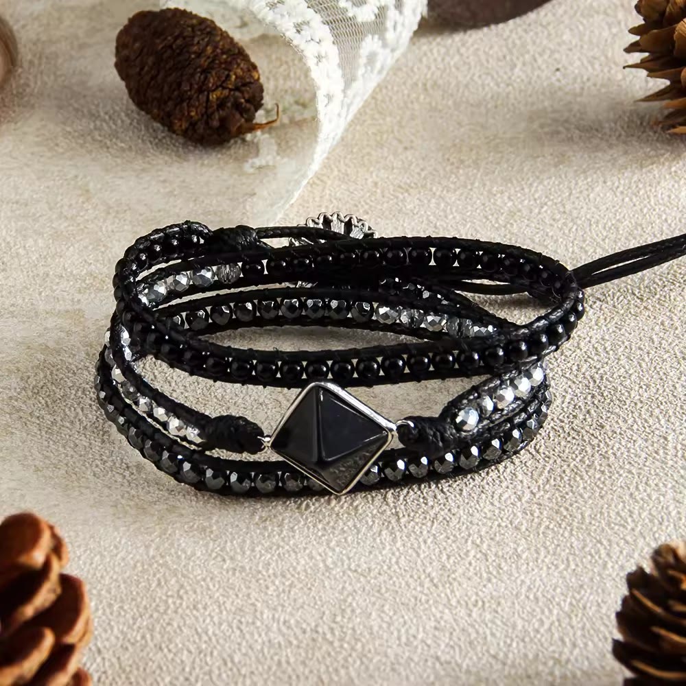 Olivenorma Natural Tiger Eye Magnetic Hand‑Woven Wrap Energy Symbol Bracelet - Black - image 2