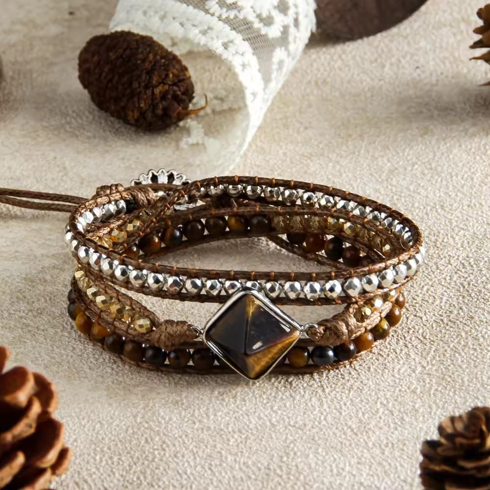 Olivenorma Natural Tiger Eye Magnetic Hand‑Woven Wrap Energy Symbol Bracelet - Dark Brown - image 0