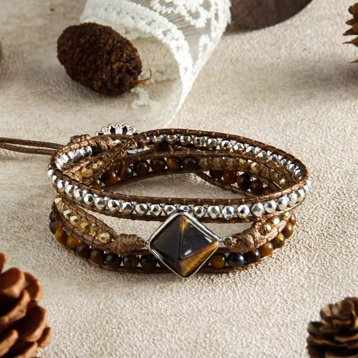 Olivenorma Natural Tiger Eye Magnetic Hand‑Woven Wrap Energy Symbol Bracelet - Dark Brown - image 0