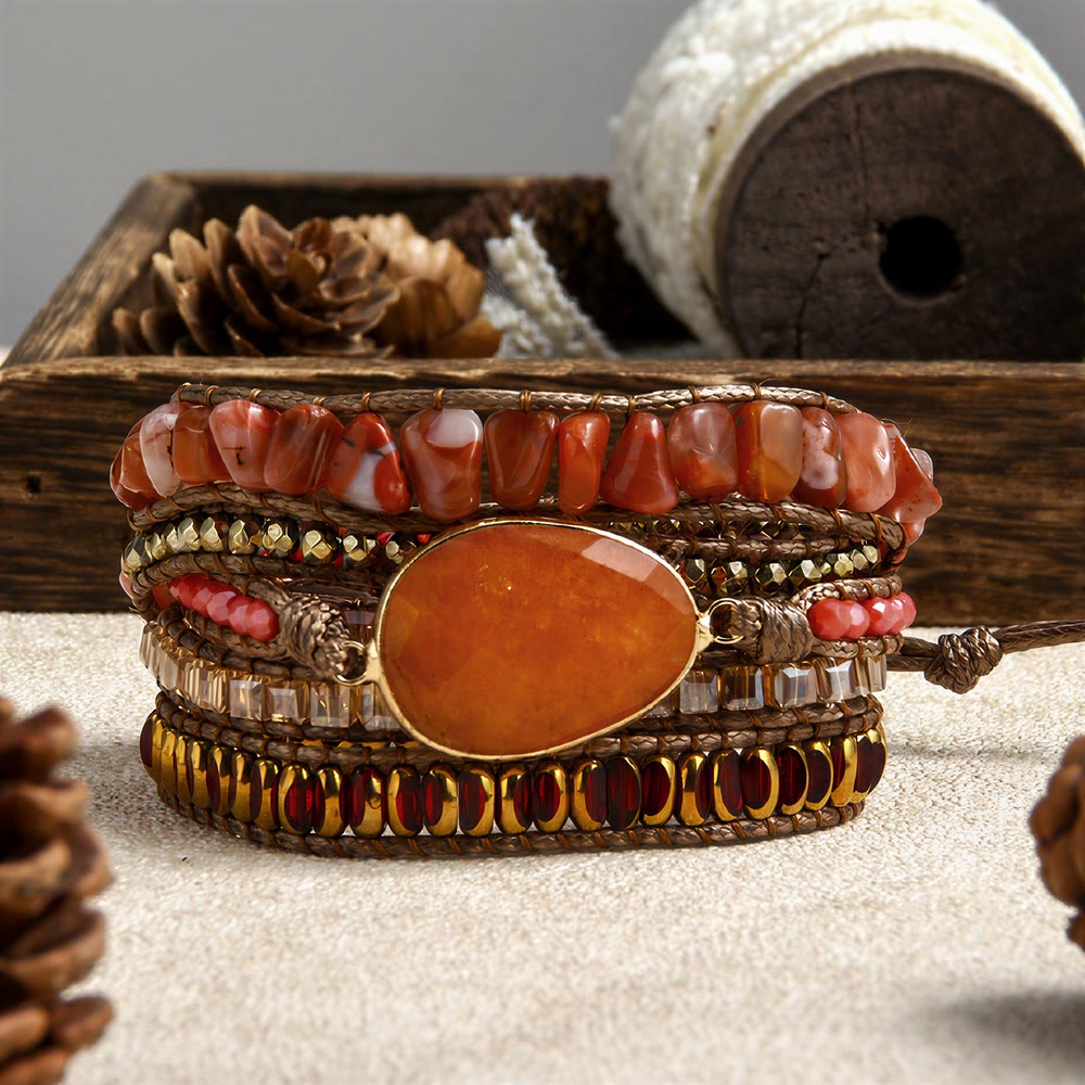 Olivenorma Hematite Multi‑Row Hand‑Woven Boho Casual Balance Symbol Bracelet - Red - image 0