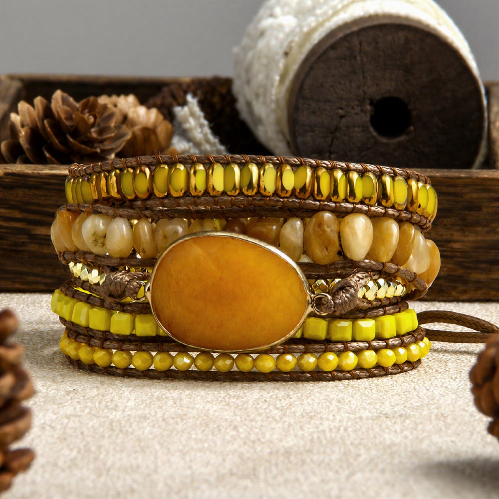 Olivenorma Hematite Multi‑Row Hand‑Woven Boho Casual Balance Symbol Bracelet - Yellow - image 5