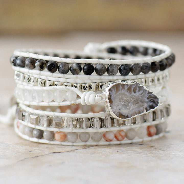 Olivenorma Black White Agate 5‑Loop Ins‑Style Leather Cord Duality Symbol Bracelet - image 1