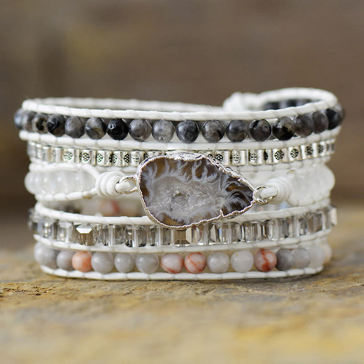 Olivenorma Black White Agate 5‑Loop Ins‑Style Leather Cord Duality Symbol Bracelet - Black White Agate - image 0
