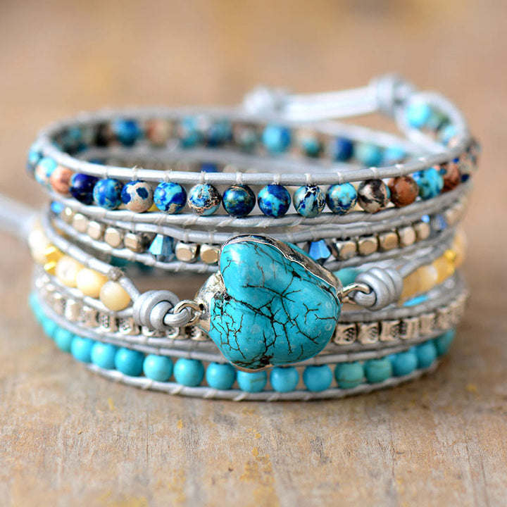 Olivenorma Turquoise Leather Wrapped 5‑Loop Hand‑Knit Spiritual Symbol Bracelet - Turquoise - image 0