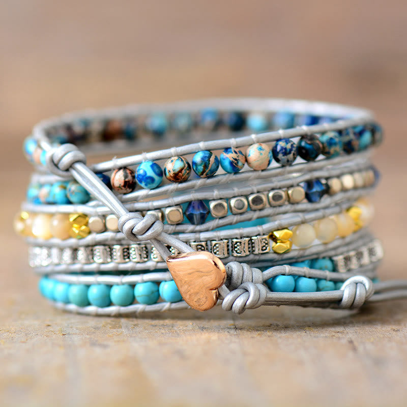 Olivenorma Turquoise Leather Wrapped 5‑Loop Hand‑Knit Spiritual Symbol Bracelet - image 1