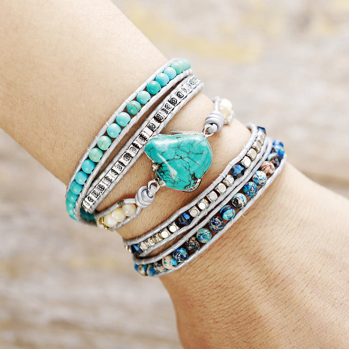 Olivenorma Turquoise Leather Wrapped 5‑Loop Hand‑Knit Spiritual Symbol Bracelet - image 2