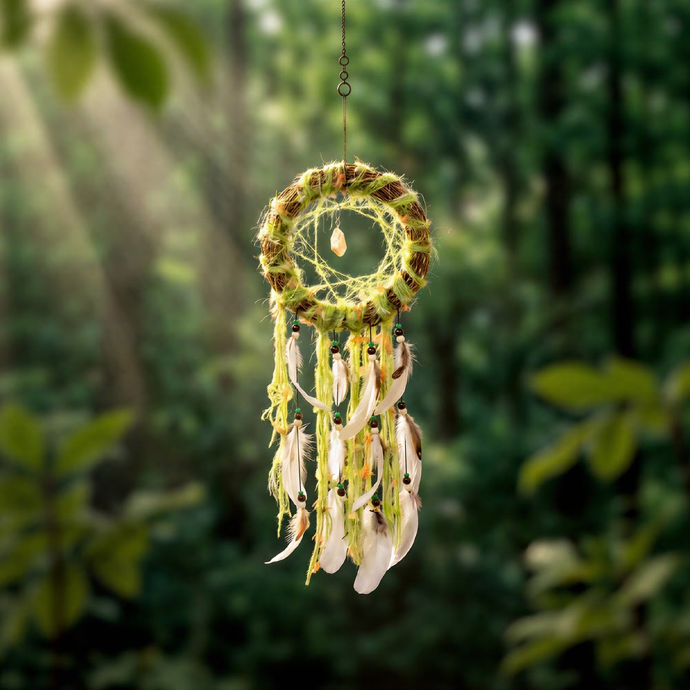 Olivenorma Feather Wood Twig Beaded Cord Boho Nature Symbol Dream Catcher - Green - image 0