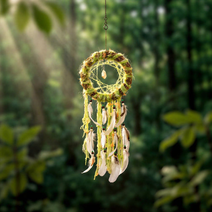Olivenorma Feather Wood Twig Beaded Cord Boho Nature Symbol Dream Catcher - Green - image 0
