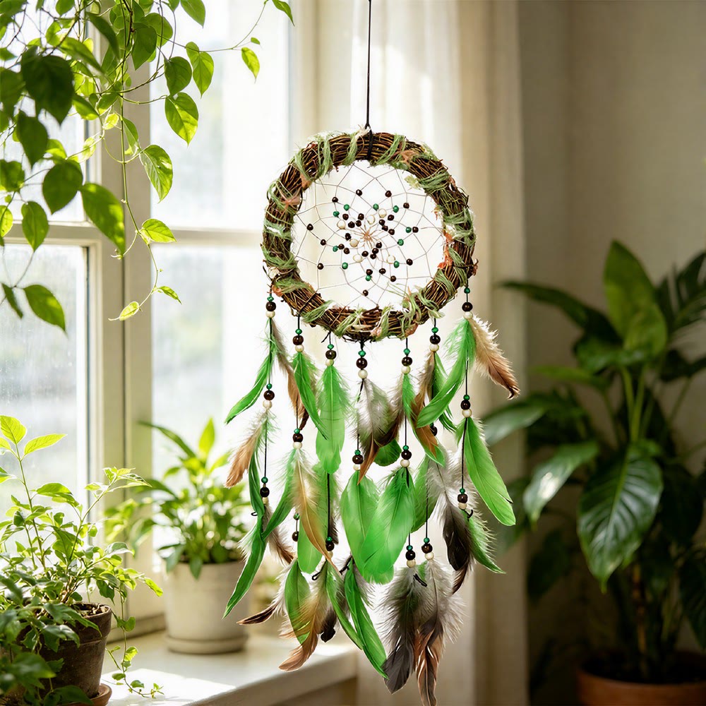 Olivenorma Feathers Beads Cord Wood Twig Hand‑Woven Nature Symbol Dream Catcher - Green - image 0