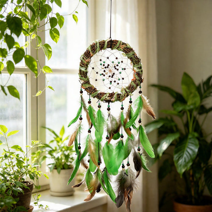 Olivenorma Feathers Beads Cord Wood Twig Hand‑Woven Nature Symbol Dream Catcher - Green - image 0