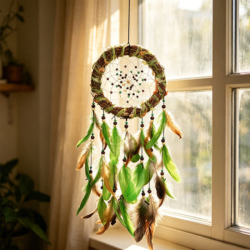 Olivenorma Feathers Beads Cord Wood Twig Hand‑Woven Nature Symbol Dream Catcher - image 1