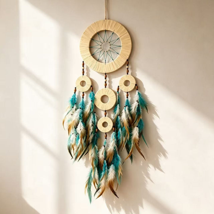 Olivenorma Woven Hoops Colorful Feathers Wooden Beads Hand‑Woven Nature Symbol Dream Catcher - Beige - image 5